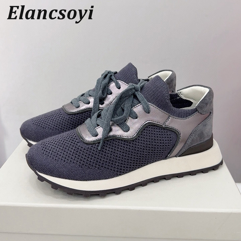 Knit Fabric Lace Up Sneakers - Platte Schoenen Vrouwen String Bead Breien