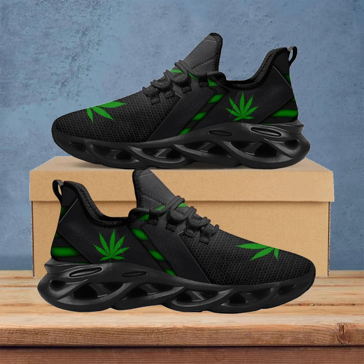 Breathable Mesh Athletic Shoes - Groene wietbladeren bedrukte sportschoenen voor dames,