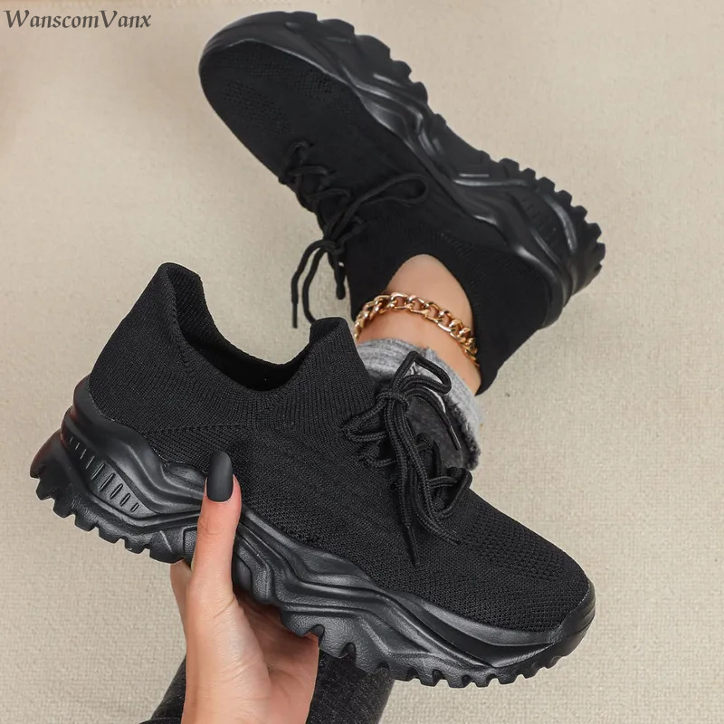Knit Fabric Lace Up Sneakers - Mode chunky platform sneakers voor dames