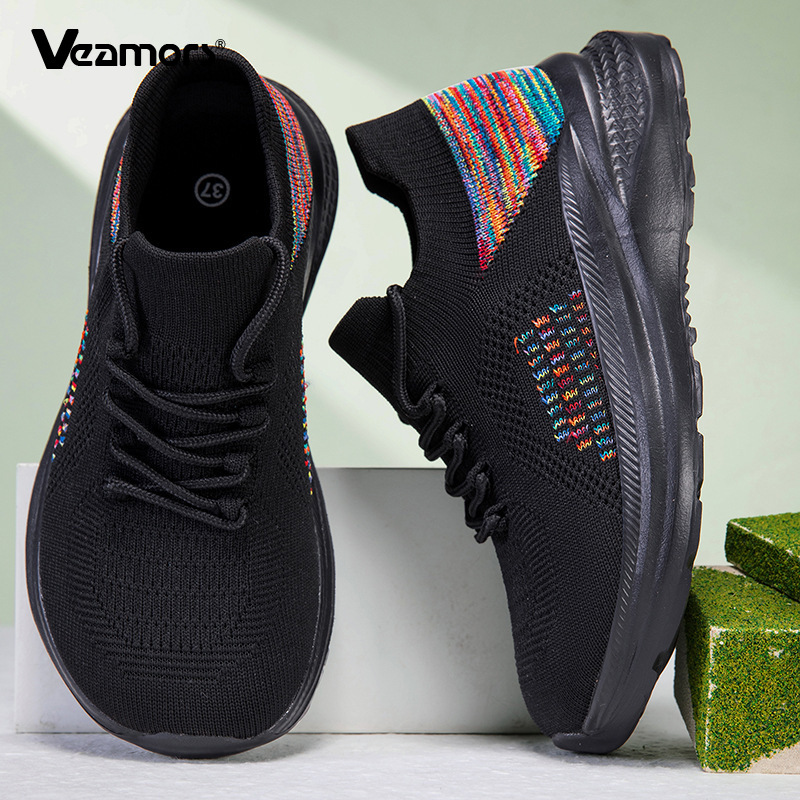 Knit Fabric Lace Up Sneakers - Ademende Mesh Sok Sneakers Dames Veterschoenen