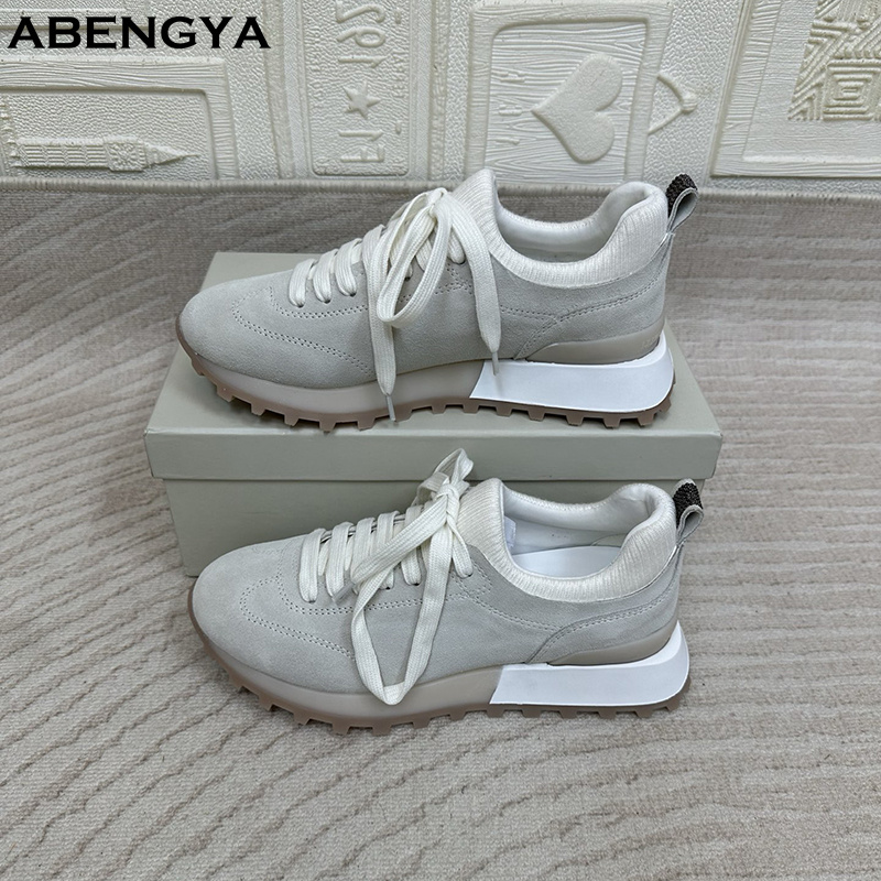 Knit Fabric Lace Up Sneakers - 2025 Witte Gebreide Suede Platte Loafer
